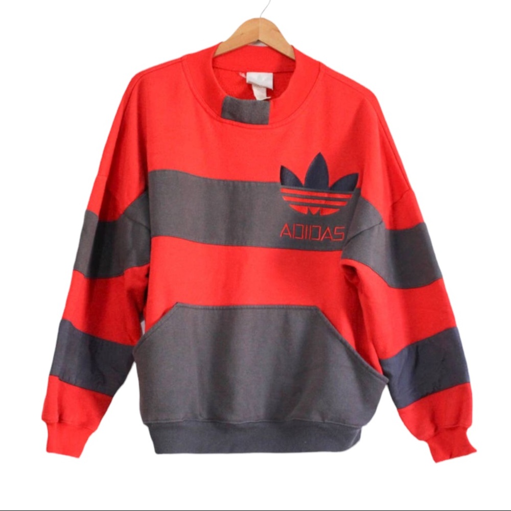 Vintage Adidas Sweatshirt Rare Color Block Trefoil Red Gray Mens Size Medium - Picture 1 of 5